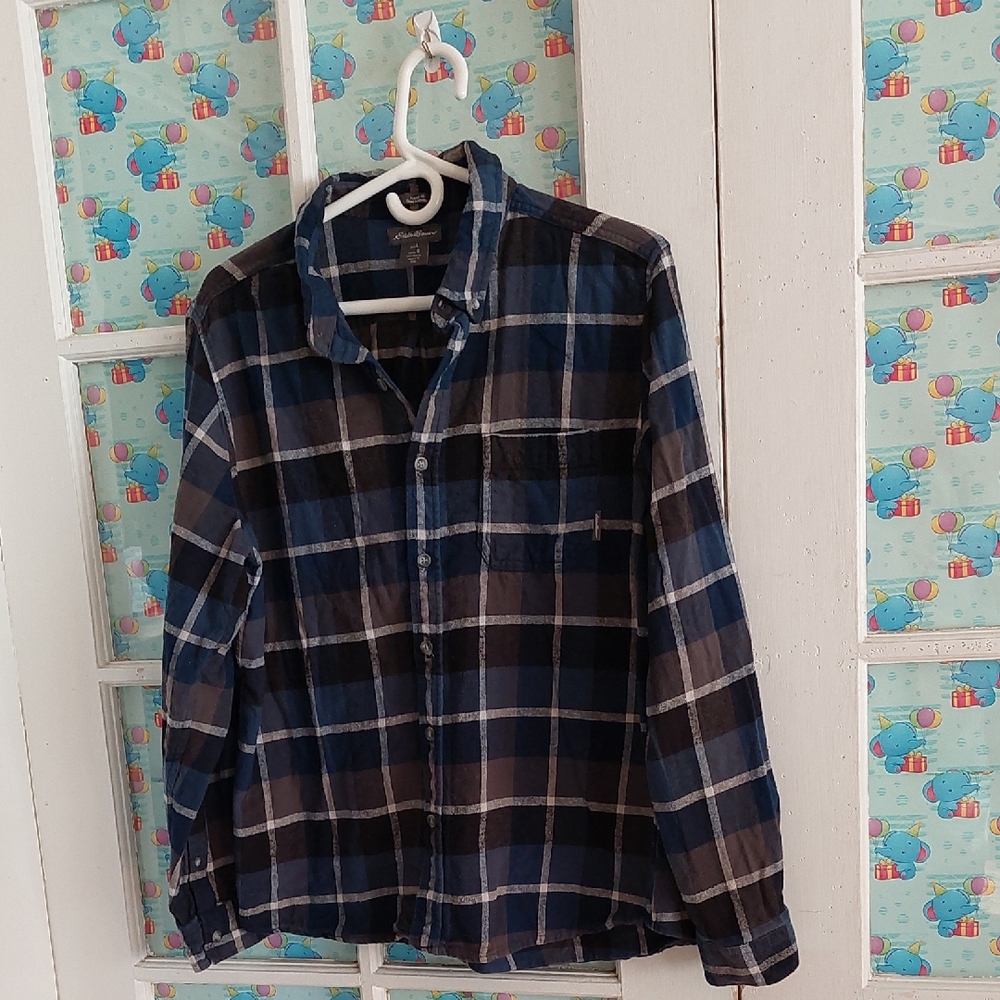 Mens Eddie Bauer Blue Plaid Button-Up Shirt Size Large